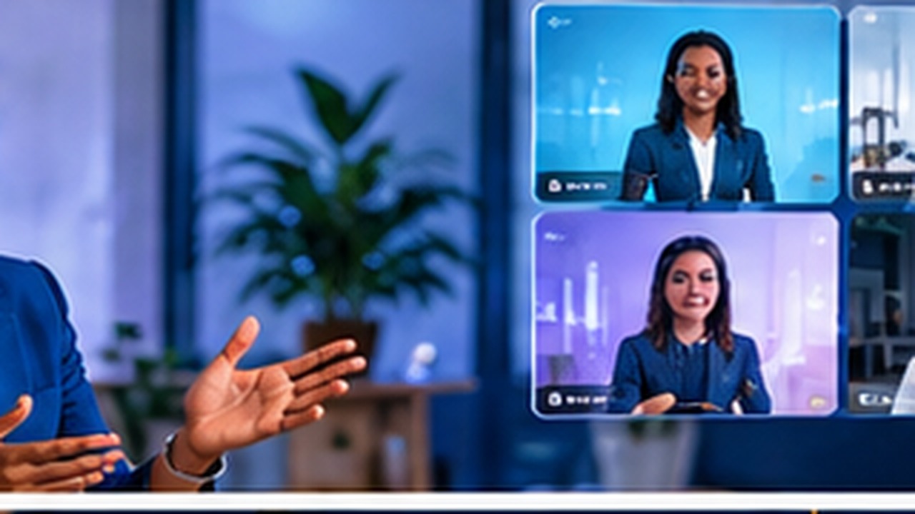 Business trainer creating an AI-assisted employee training video in a modern workplace