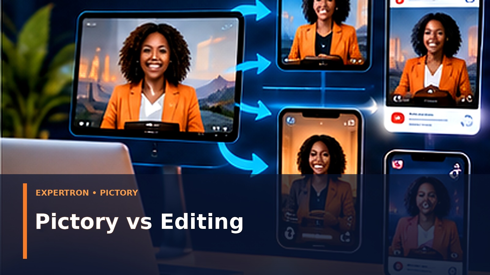 Pictory vs Editing — an Expertron editorial illustration of AI technology and business applications.